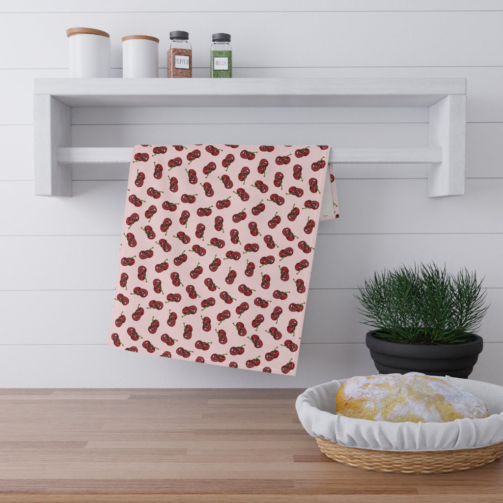 Cotton Twill Cherry Pattern Tea Towel — Pink Cotton Kitchen Towel with Red Cherry Print