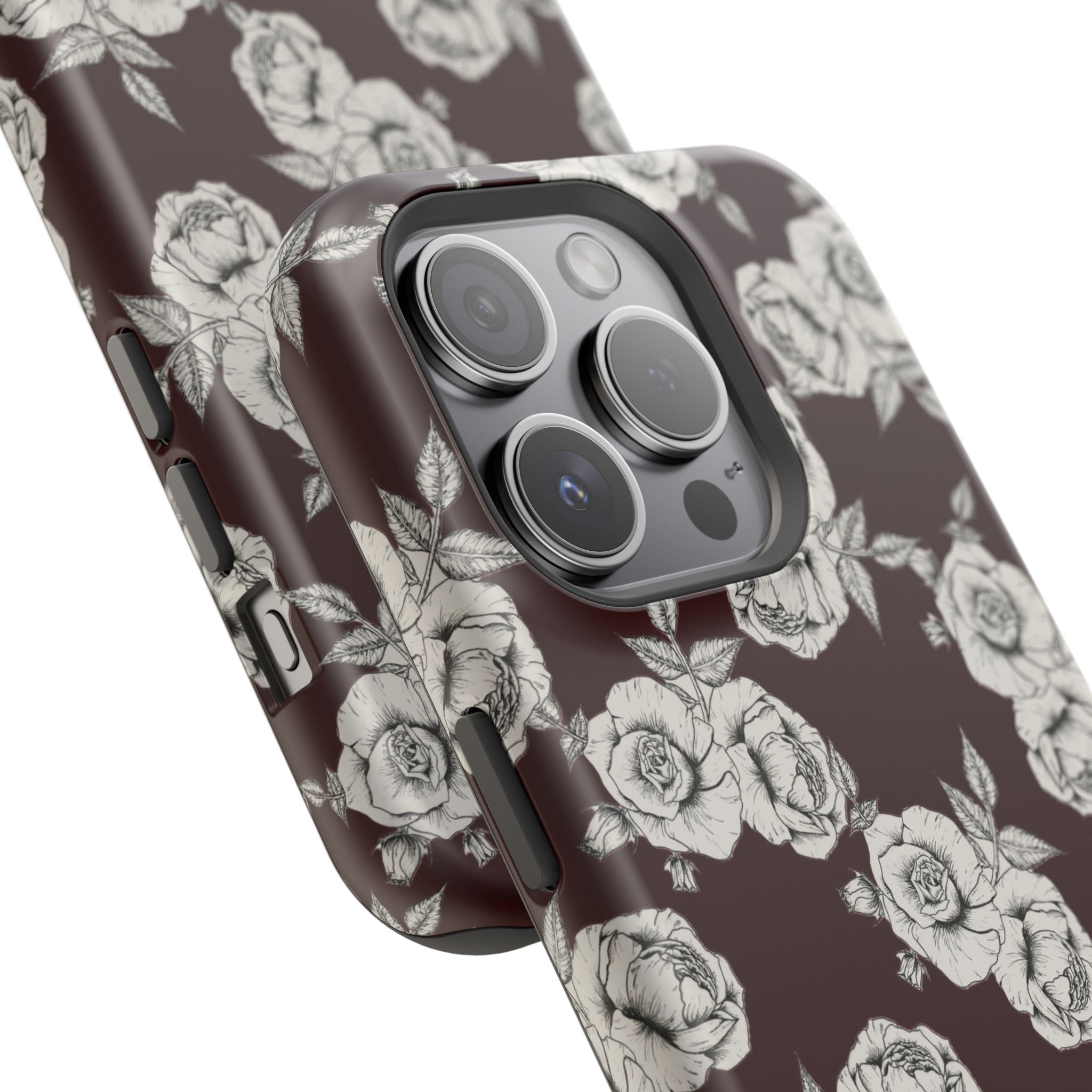 Rose Pattern Magnetic Impact-Resistant Phone Case — Burgundy Floral Protective Cover