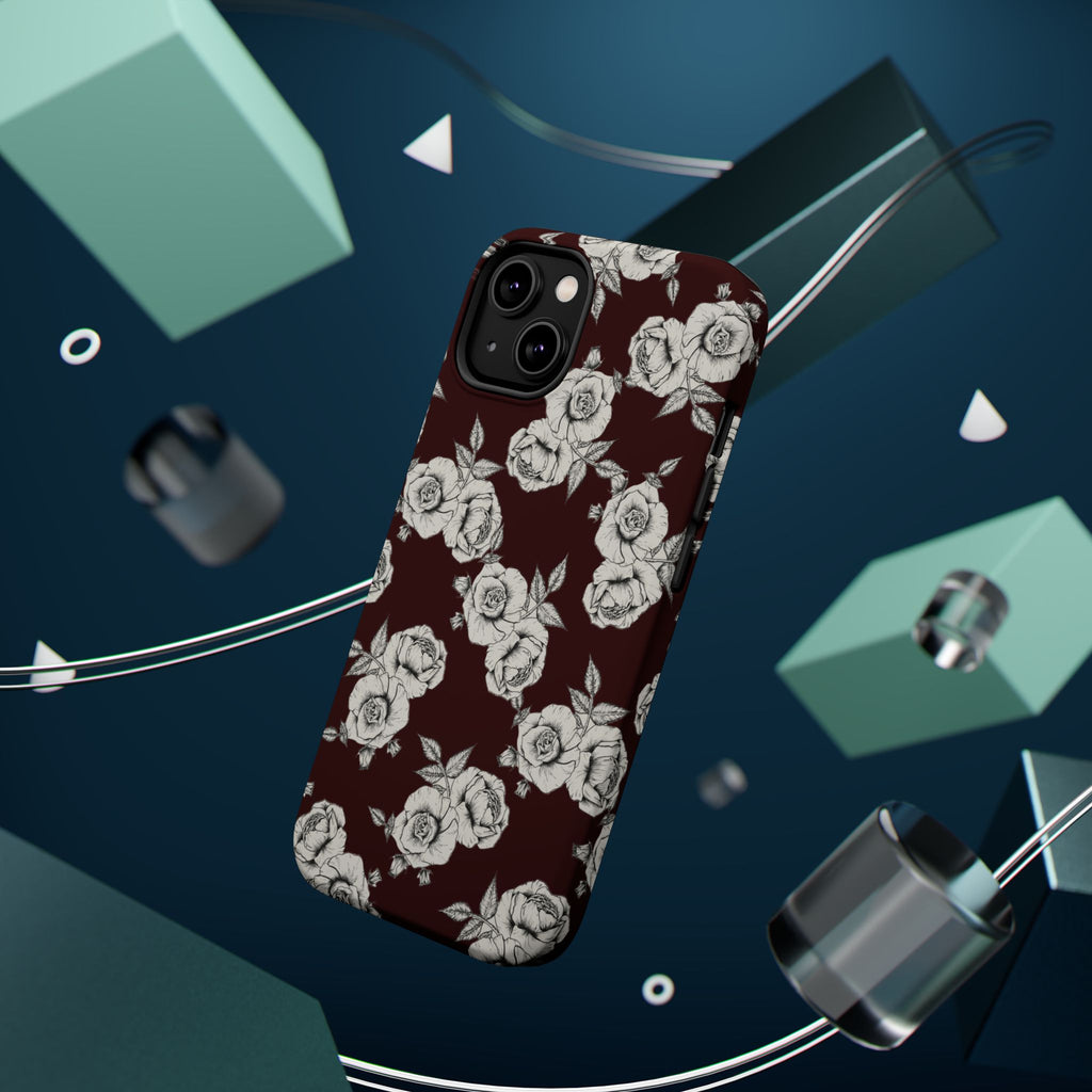 Rose Pattern Magnetic Impact-Resistant Phone Case — Burgundy Floral Protective Cover