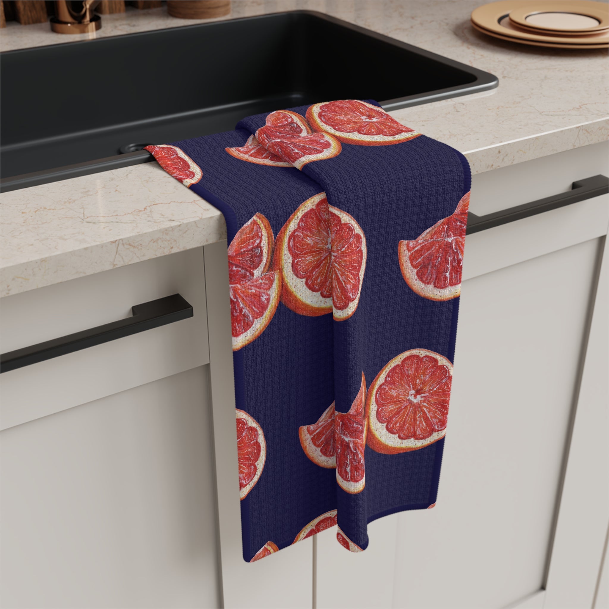 Microfiber Hand Drawn Grapefruit Pattern Tea Towel — Citrus Kitchen Towel (Navy Background)