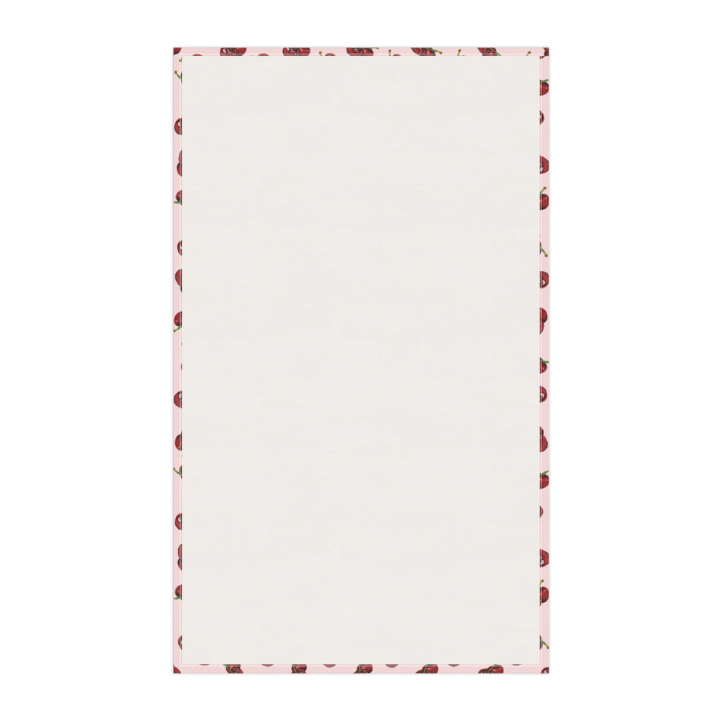 Cotton Twill Cherry Pattern Tea Towel — Pink Cotton Kitchen Towel with Red Cherry Print