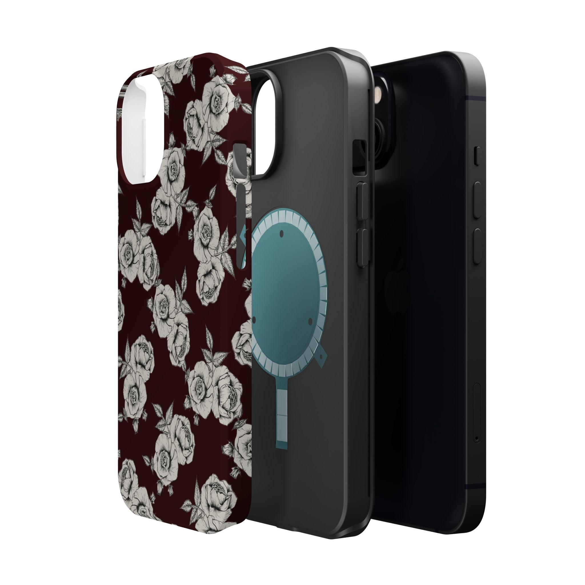Rose Pattern Magnetic Impact-Resistant Phone Case — Burgundy Floral Protective Cover
