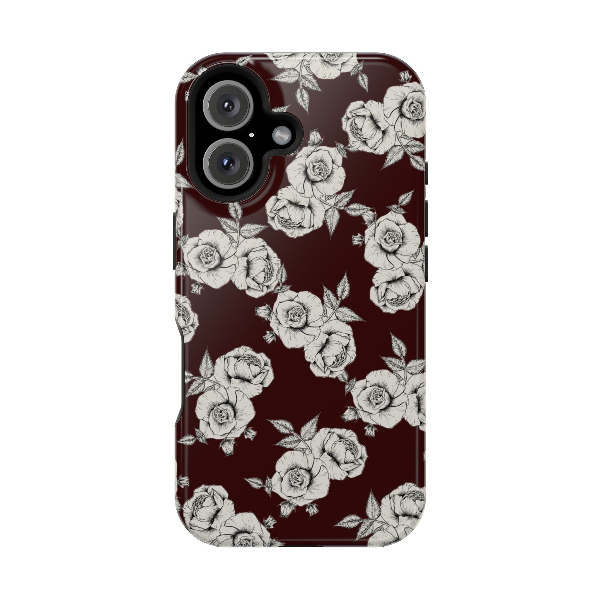 Rose Pattern Magnetic Impact-Resistant Phone Case — Burgundy Floral Protective Cover