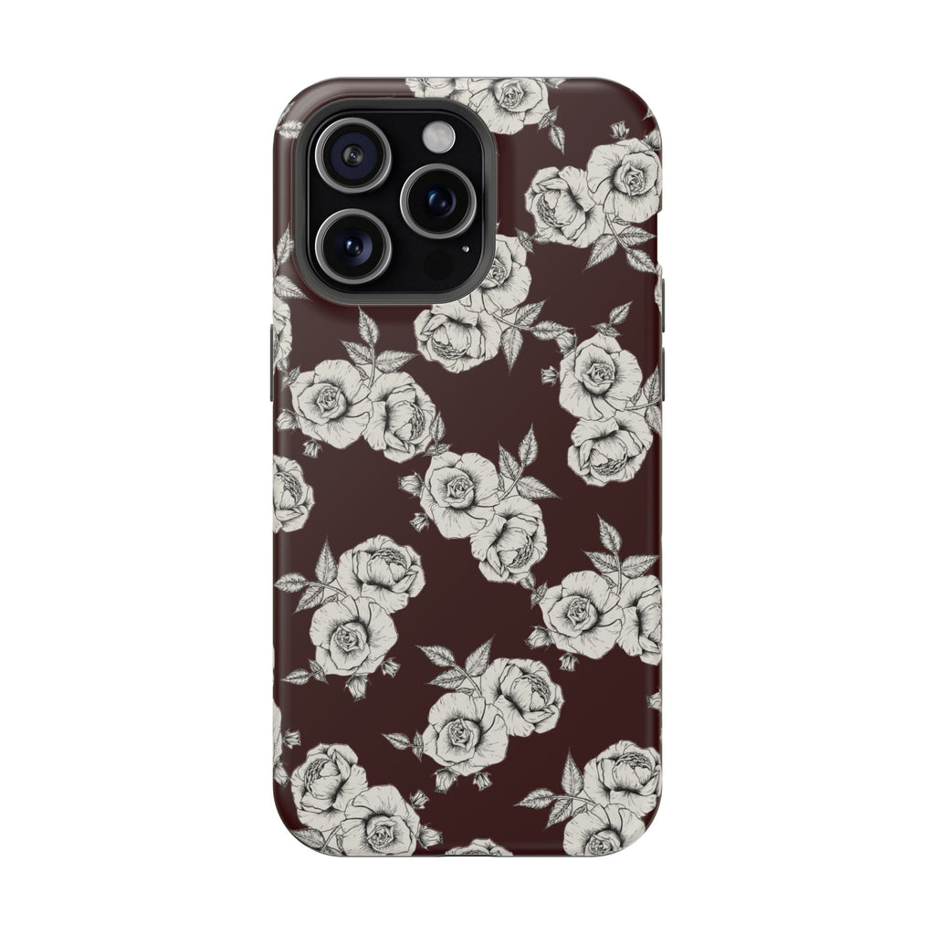 Rose Pattern Magnetic Impact-Resistant Phone Case — Burgundy Floral Protective Cover