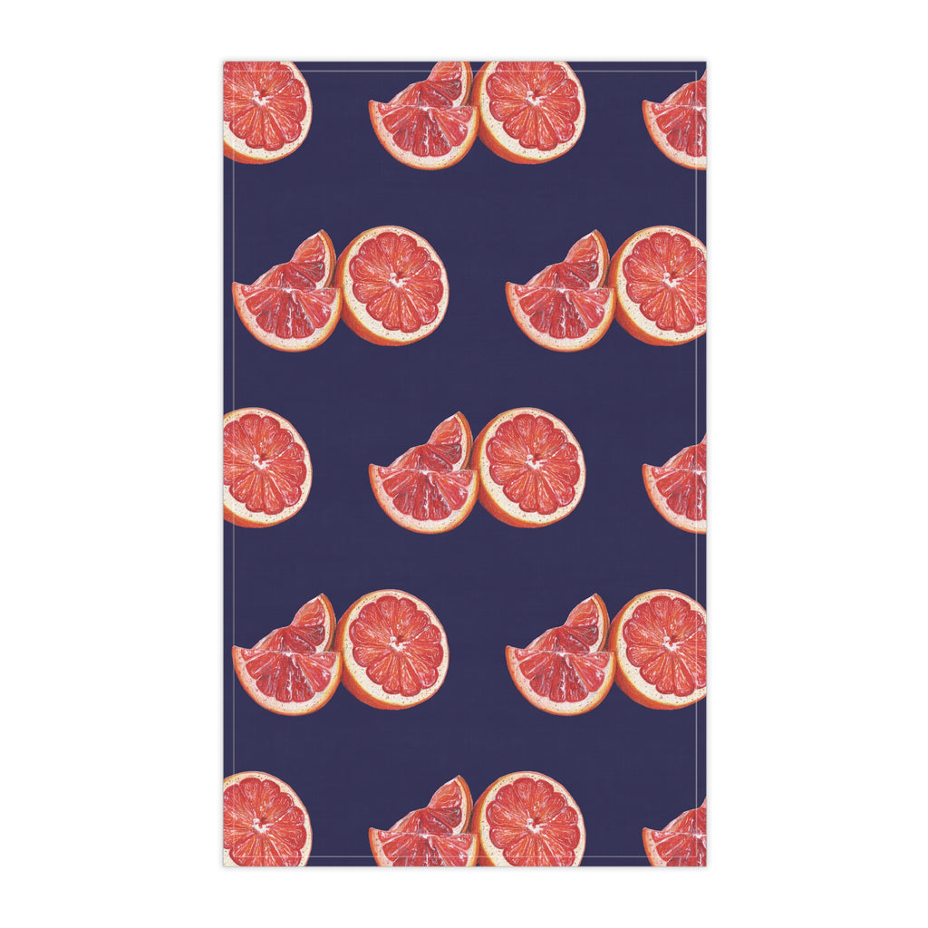 Cotton Twill Hand Drawn Grapefruit Pattern Tea Towel — Citrus Kitchen Towel (Navy Background)