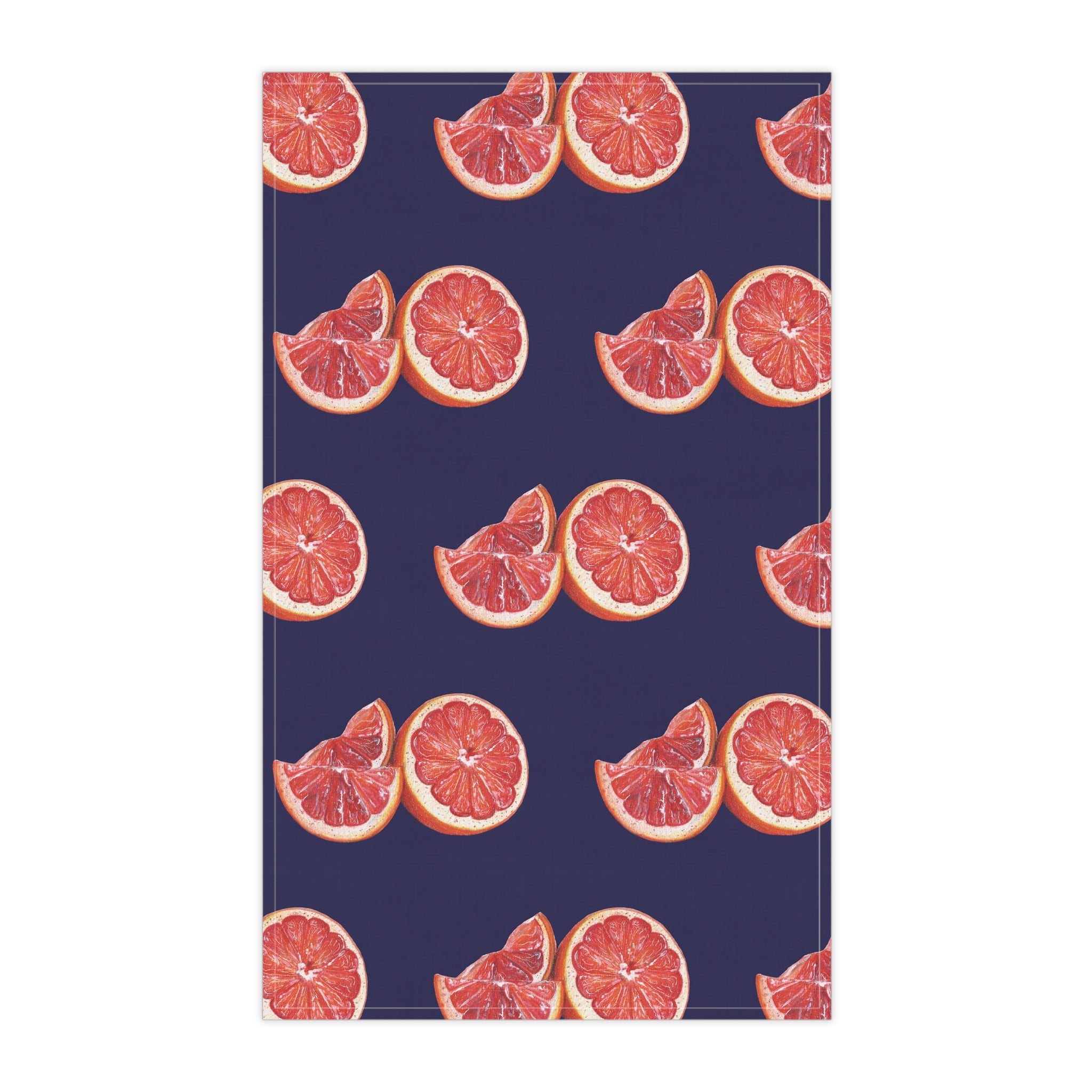 Cotton Twill Hand Drawn Grapefruit Pattern Tea Towel — Citrus Kitchen Towel (Navy Background)