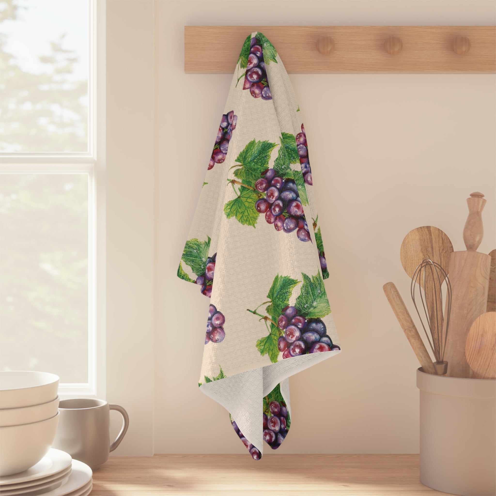 Microfiber Hand Drawn Grape Pattern Tea Towel — Vintage Vineyard Kitchen Towels