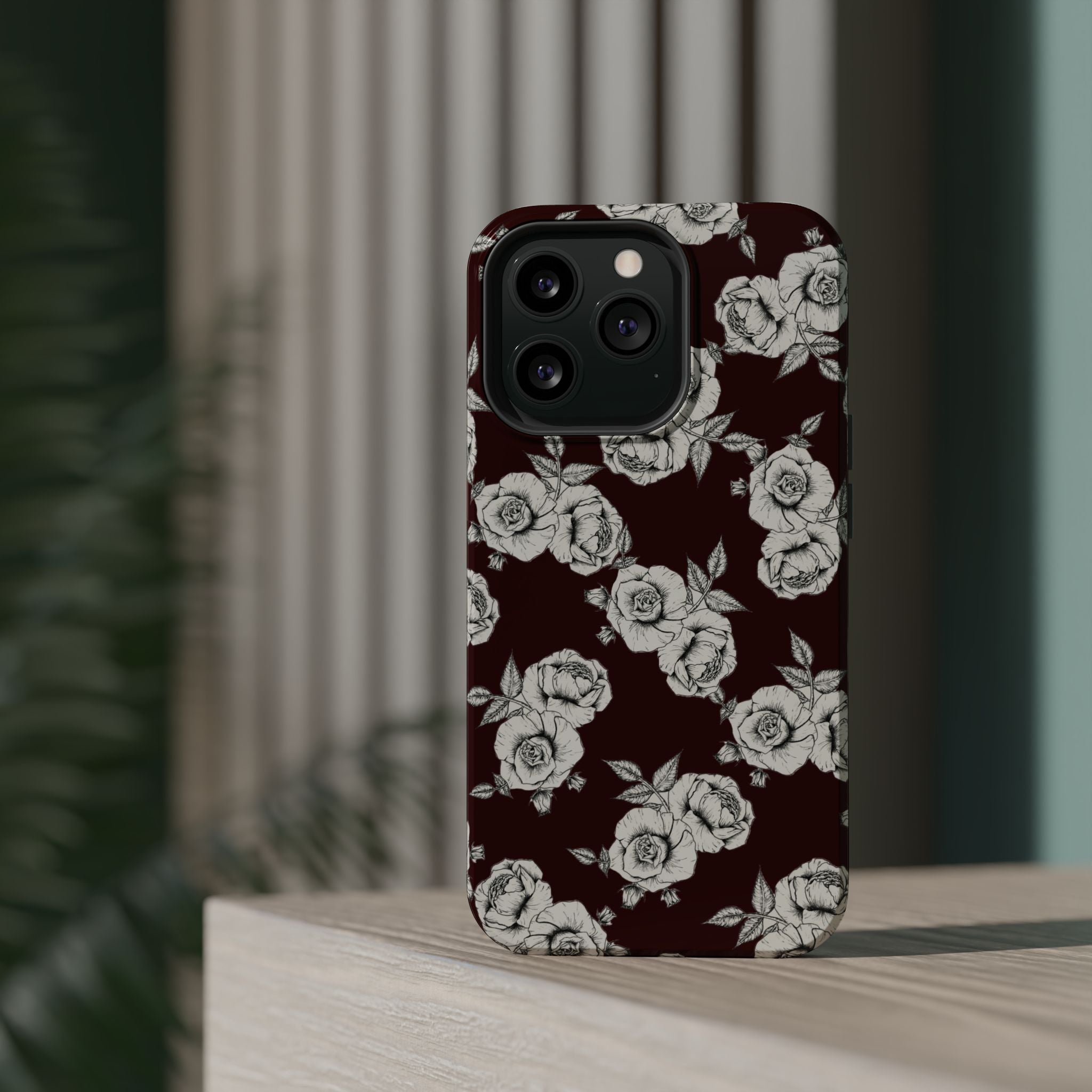 Rose Pattern Magnetic Impact-Resistant Phone Case — Burgundy Floral Protective Cover