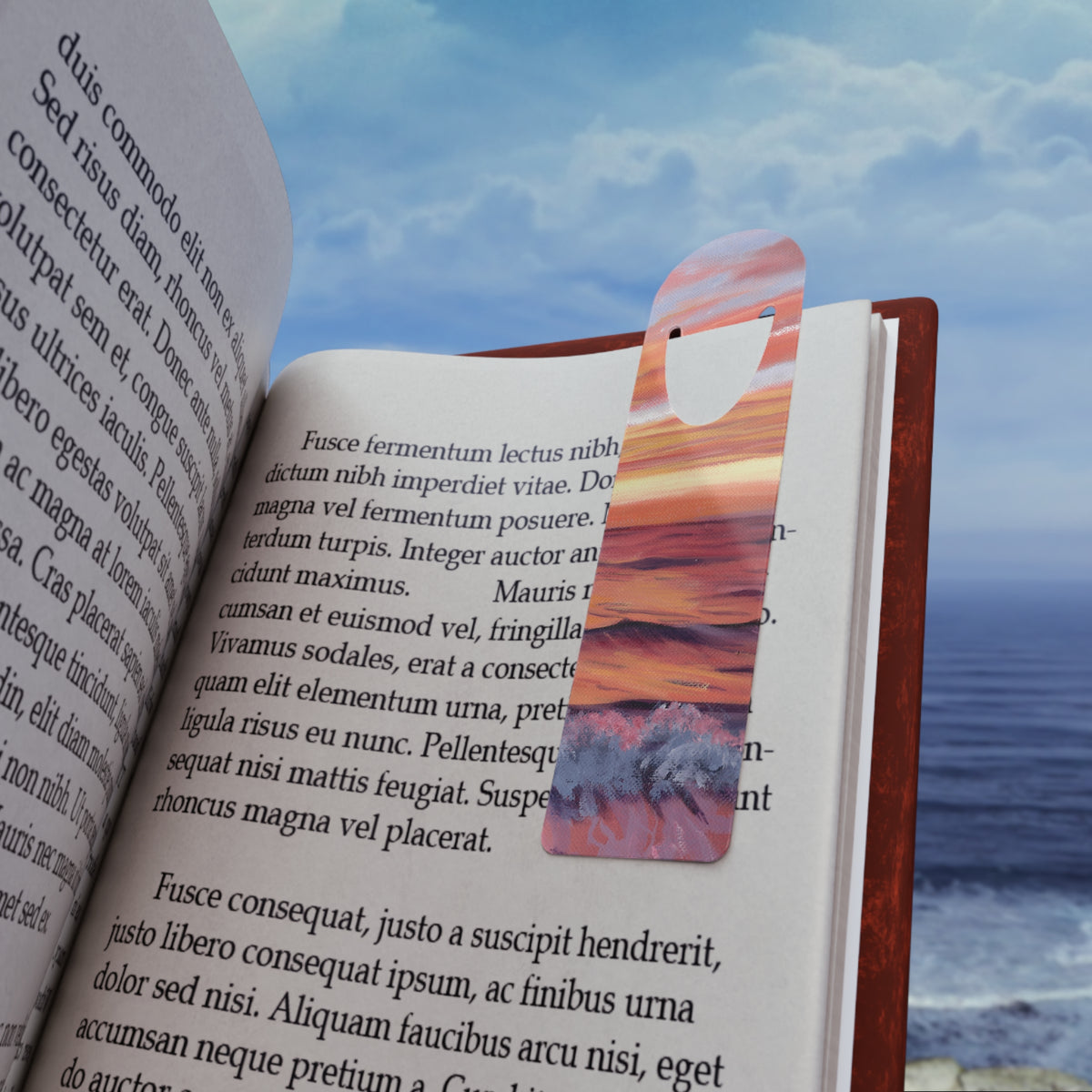 Sunset Ocean Bookmark – Metal Wave Bookmark with Pink Seascape Design