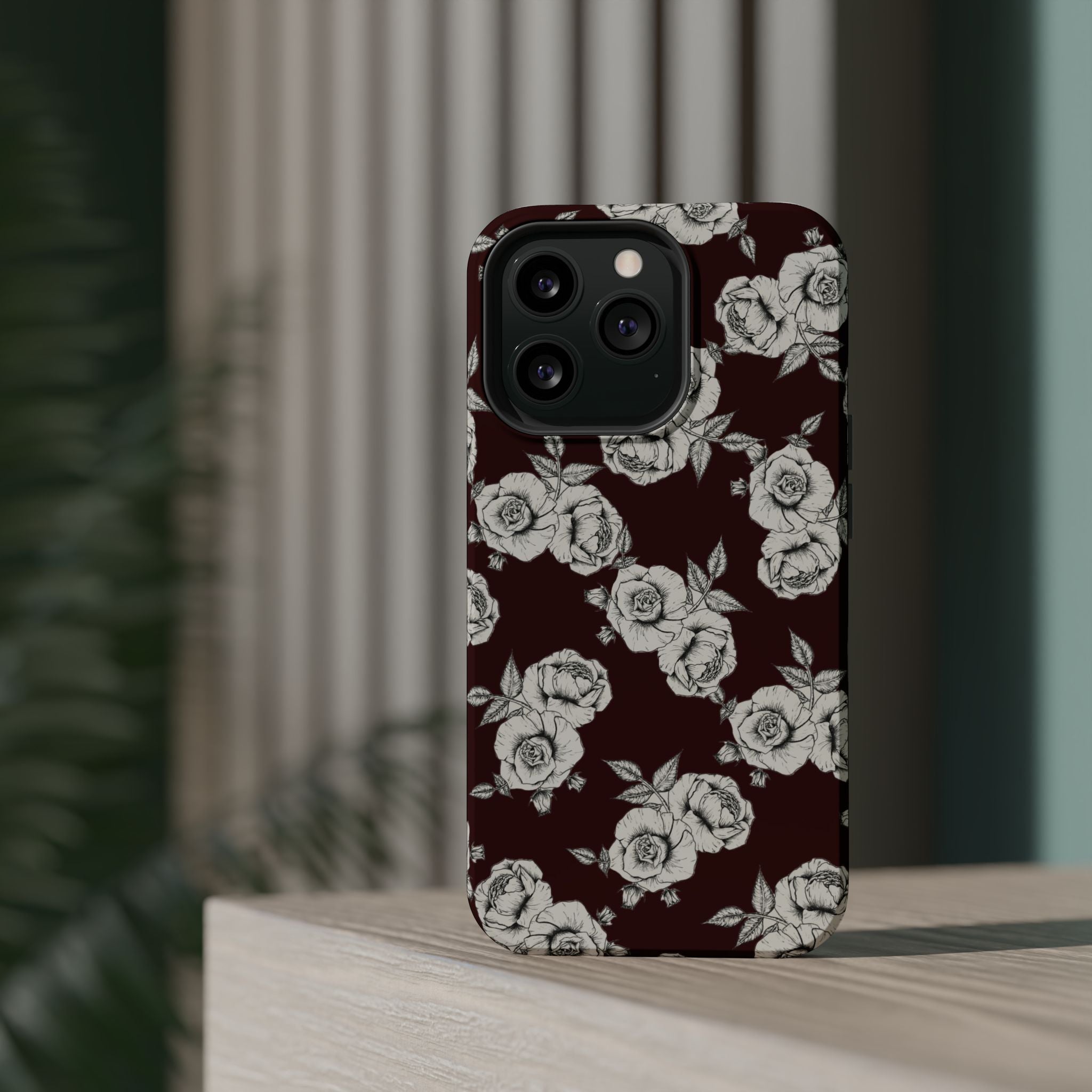 Rose Pattern Magnetic Impact-Resistant Phone Case — Burgundy Floral Protective Cover