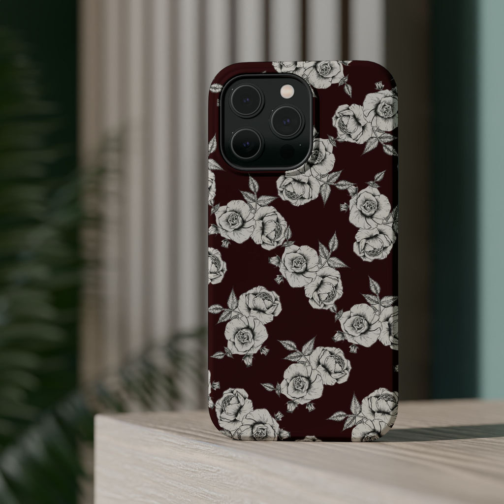 Rose Pattern Magnetic Impact-Resistant Phone Case — Burgundy Floral Protective Cover