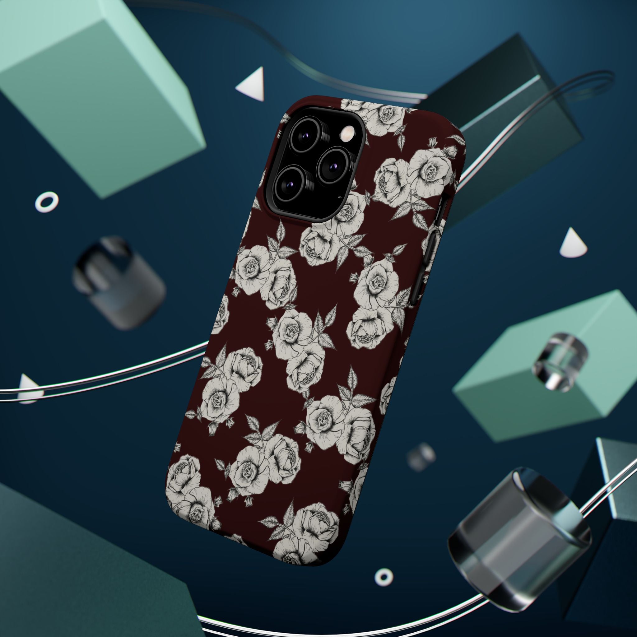 Rose Pattern Magnetic Impact-Resistant Phone Case — Burgundy Floral Protective Cover