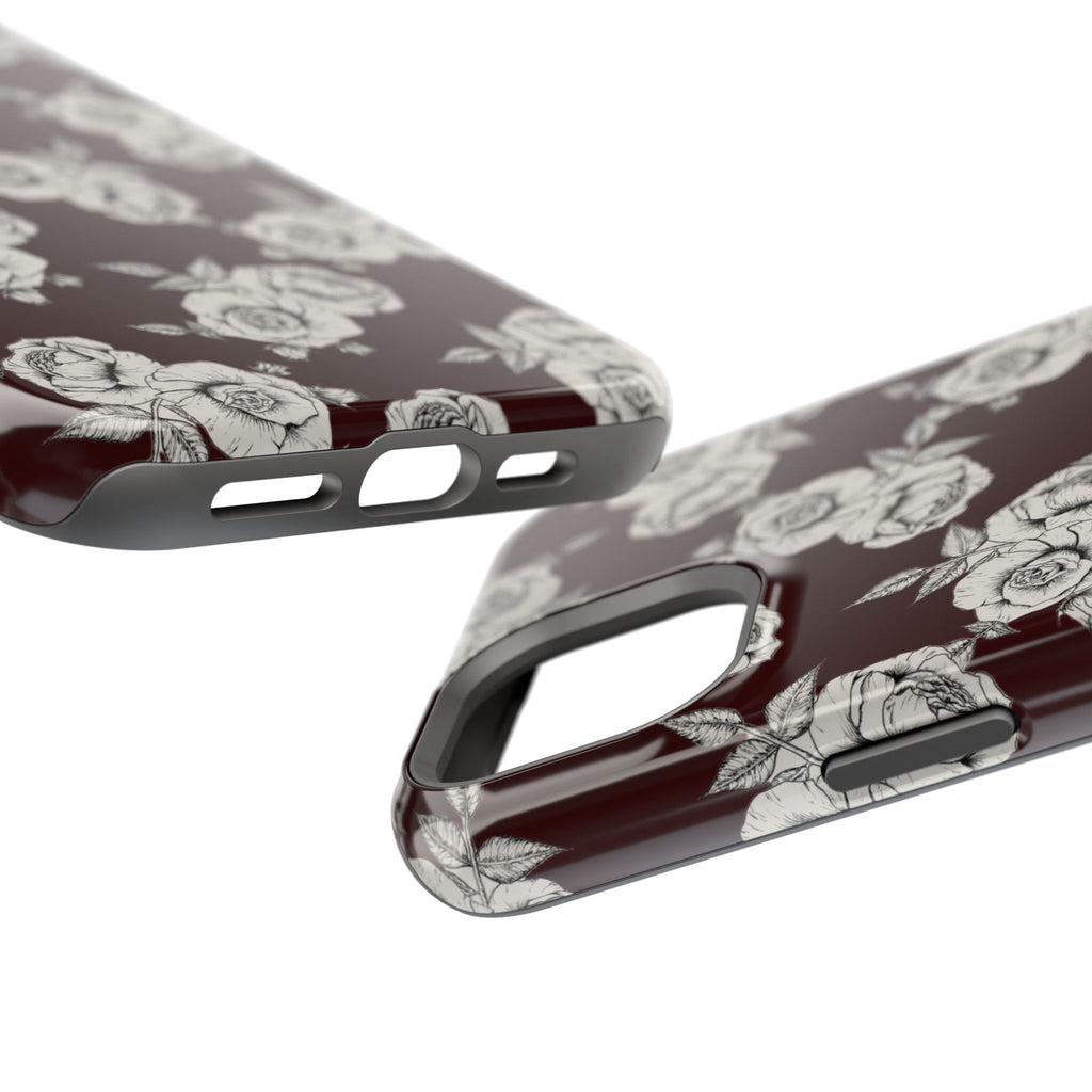 Rose Pattern Magnetic Impact-Resistant Phone Case — Burgundy Floral Protective Cover