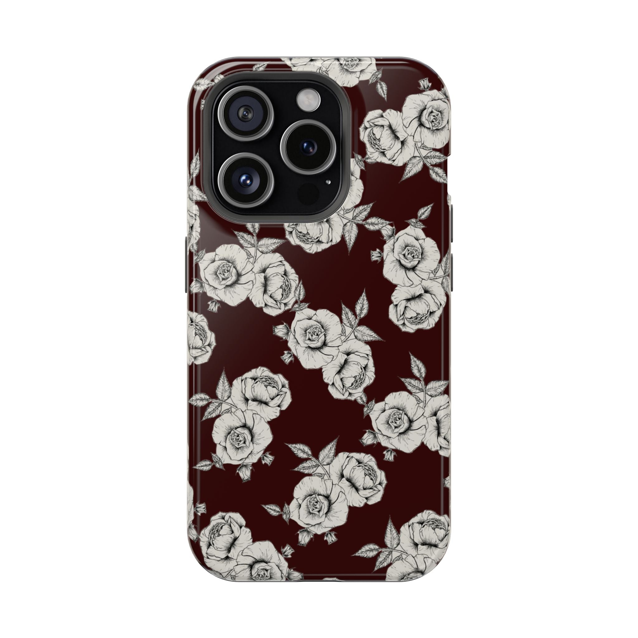 Rose Pattern Magnetic Impact-Resistant Phone Case — Burgundy Floral Protective Cover