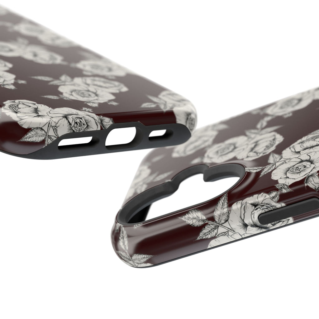 Rose Pattern Magnetic Impact-Resistant Phone Case — Burgundy Floral Protective Cover