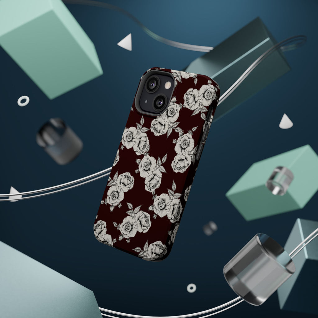 Rose Pattern Magnetic Impact-Resistant Phone Case — Burgundy Floral Protective Cover