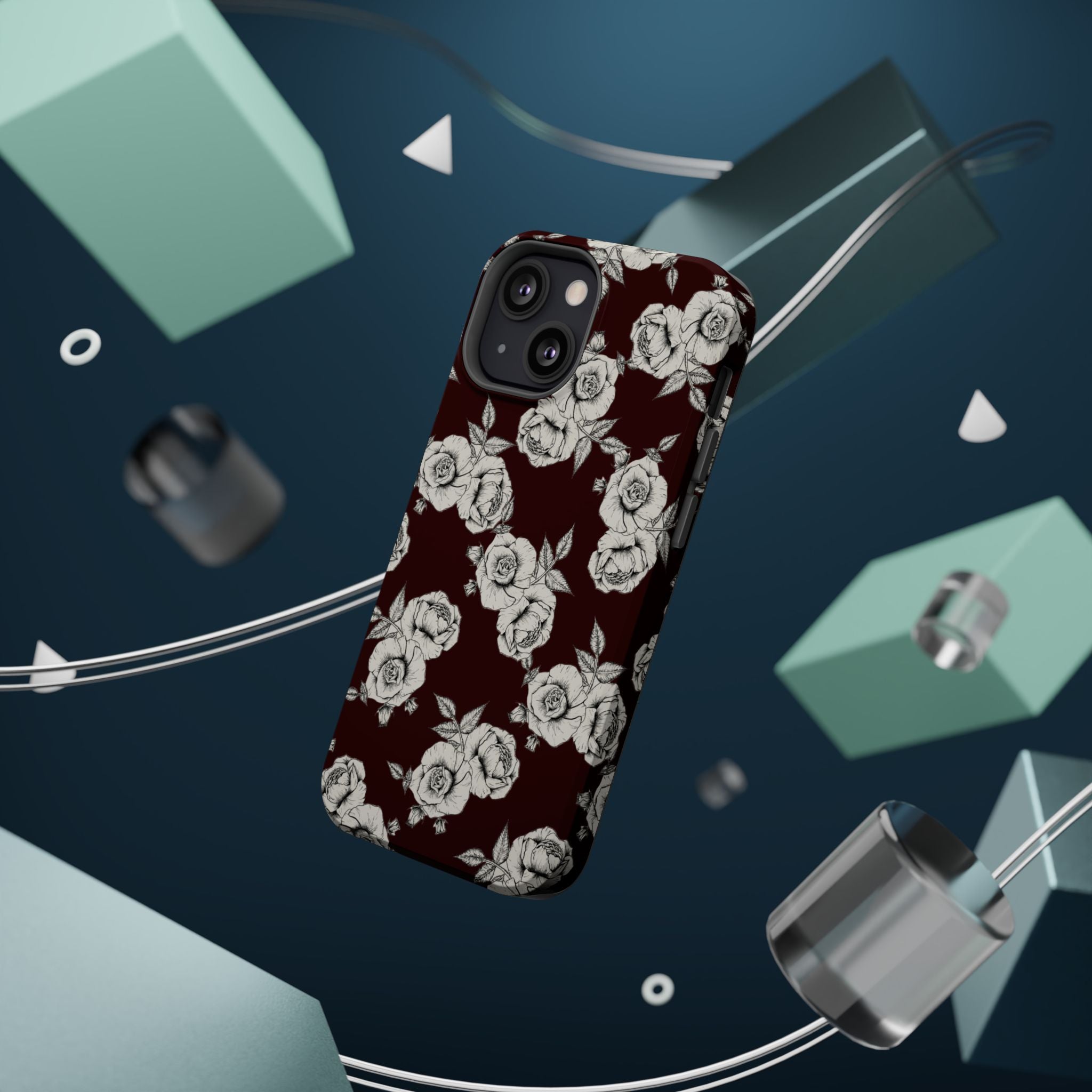 Rose Pattern Magnetic Impact-Resistant Phone Case — Burgundy Floral Protective Cover