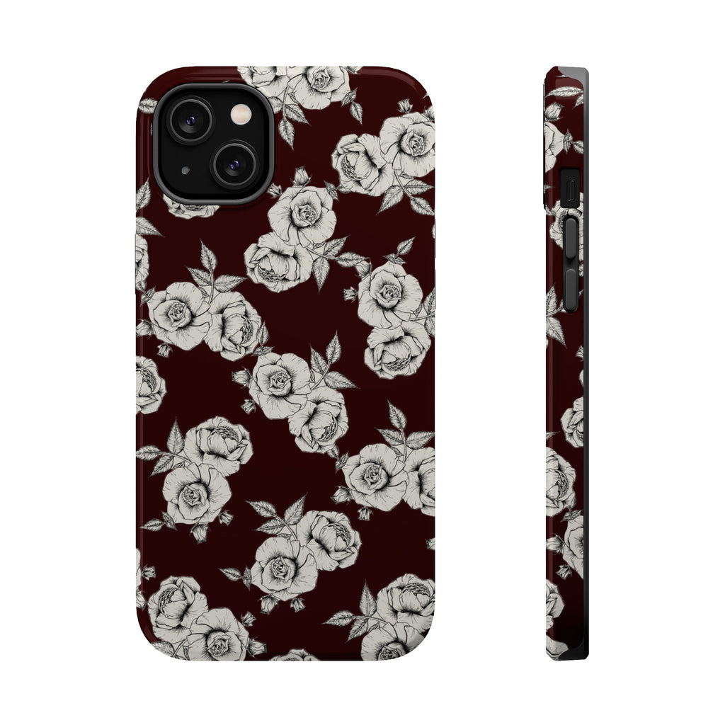 Rose Pattern Magnetic Impact-Resistant Phone Case — Burgundy Floral Protective Cover
