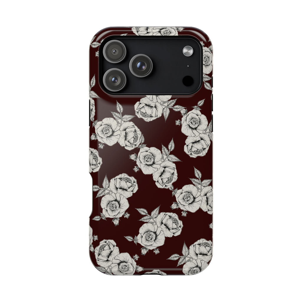 Rose Pattern Magnetic Impact-Resistant Phone Case — Burgundy Floral Protective Cover