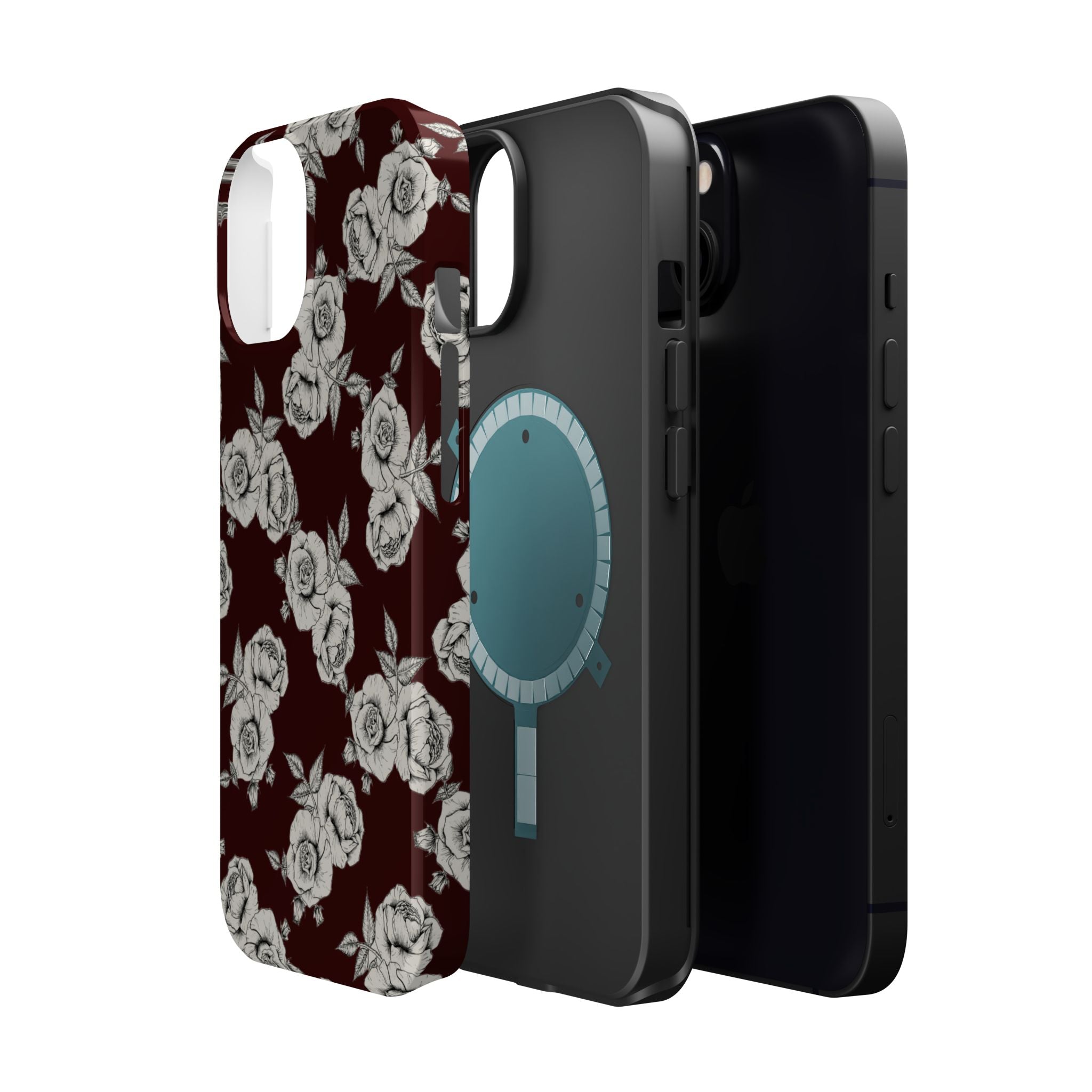 Rose Pattern Magnetic Impact-Resistant Phone Case — Burgundy Floral Protective Cover