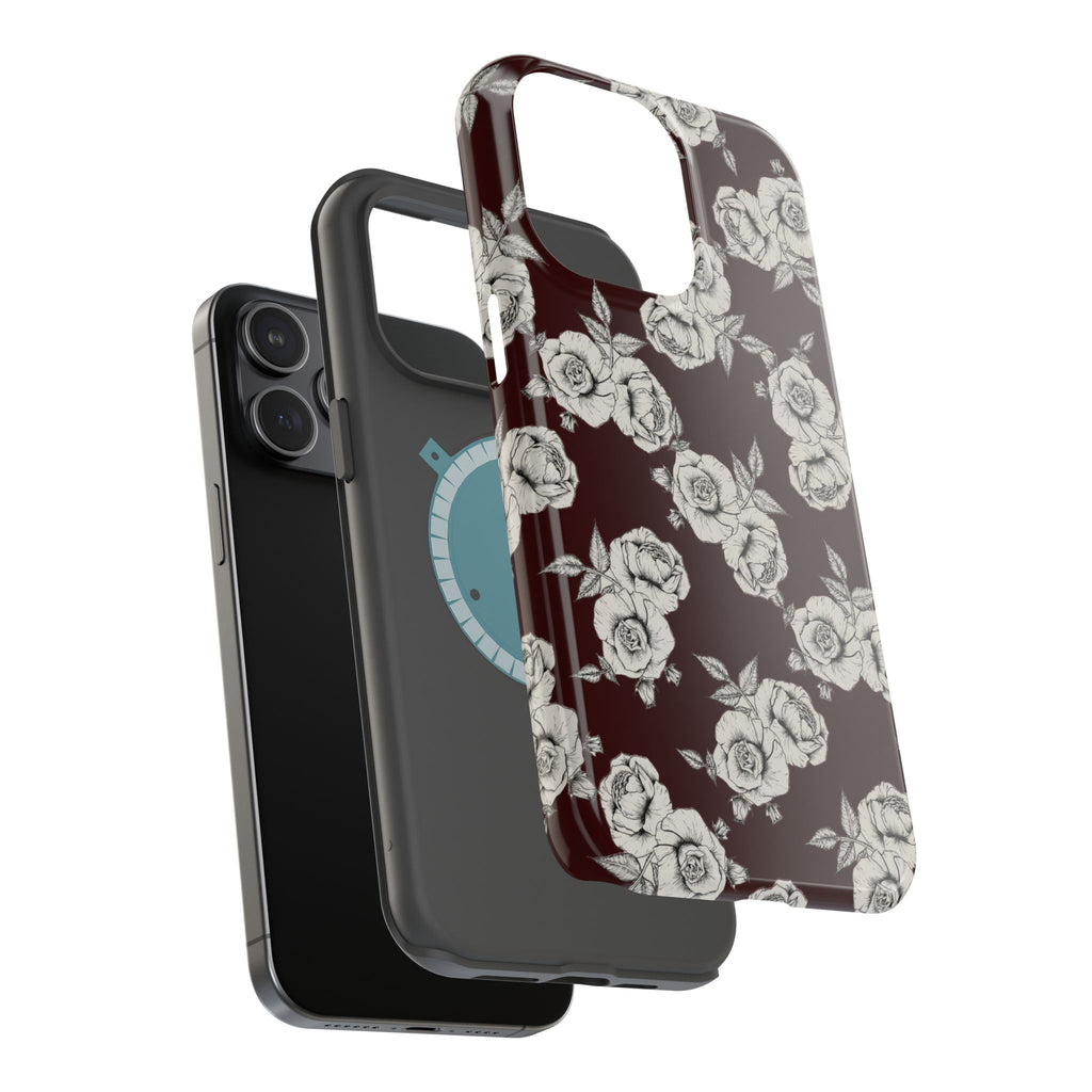 Rose Pattern Magnetic Impact-Resistant Phone Case — Burgundy Floral Protective Cover