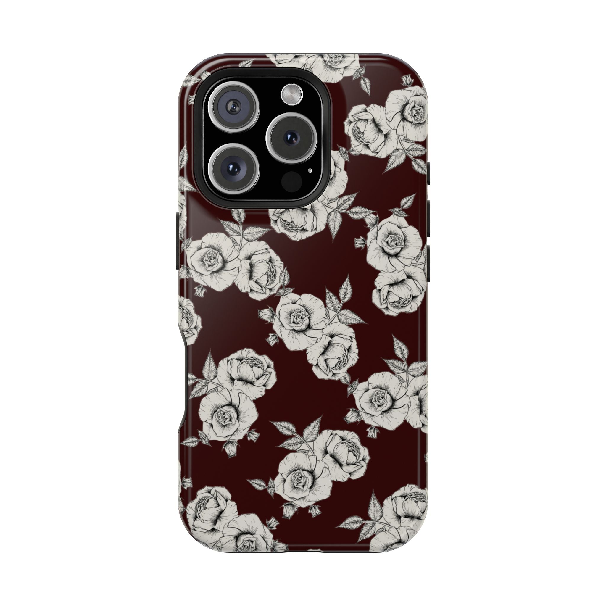 Rose Pattern Magnetic Impact-Resistant Phone Case — Burgundy Floral Protective Cover