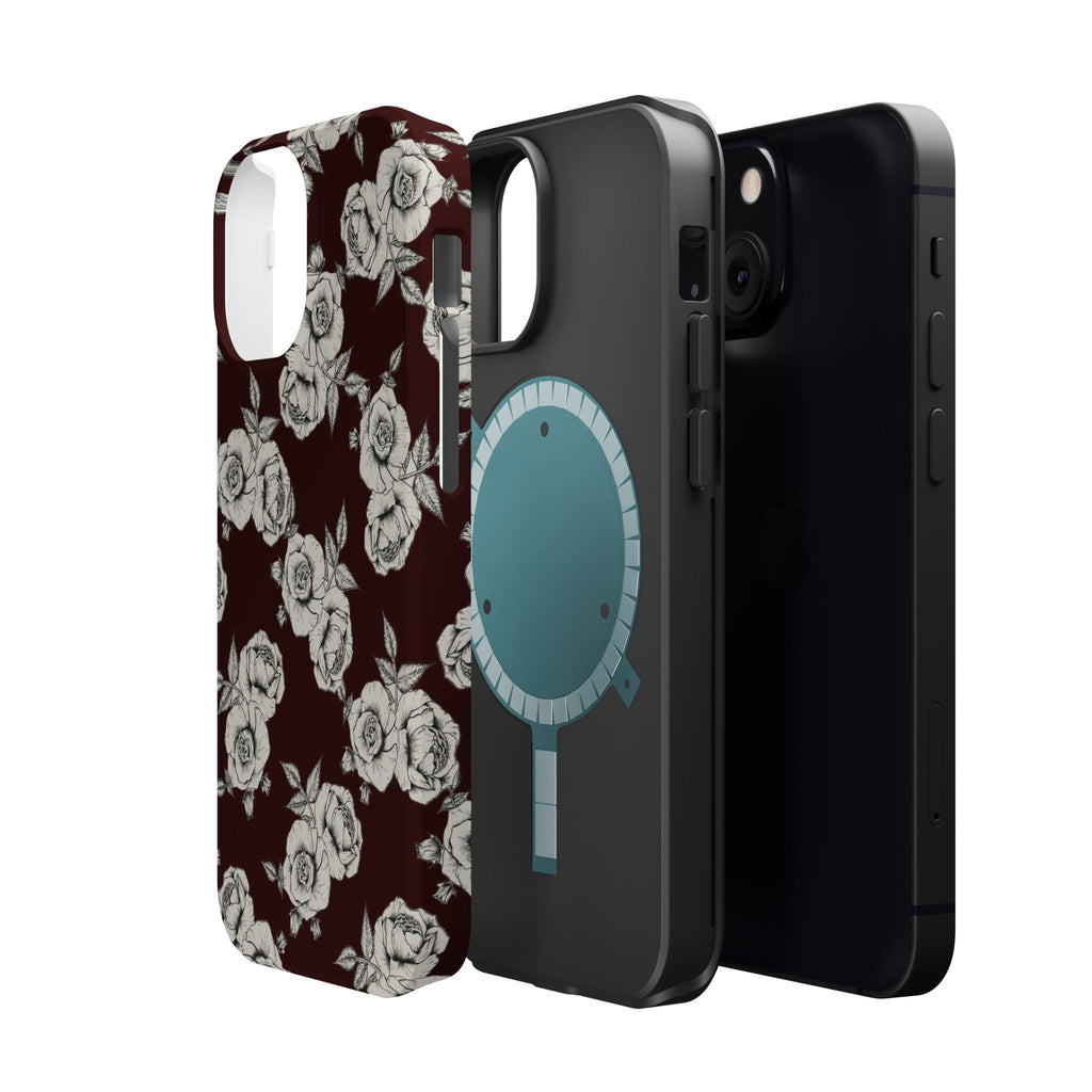 Rose Pattern Magnetic Impact-Resistant Phone Case — Burgundy Floral Protective Cover