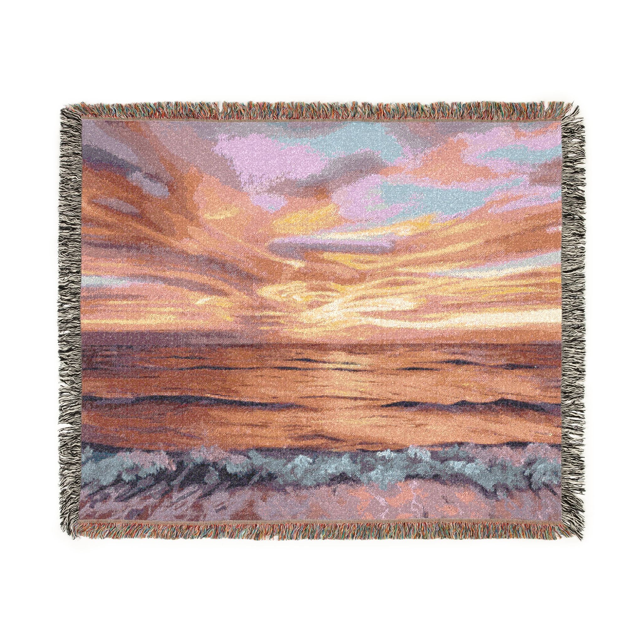 Sunset Seascape Woven Blanket — Coastal Throw with Beach Horizon Design