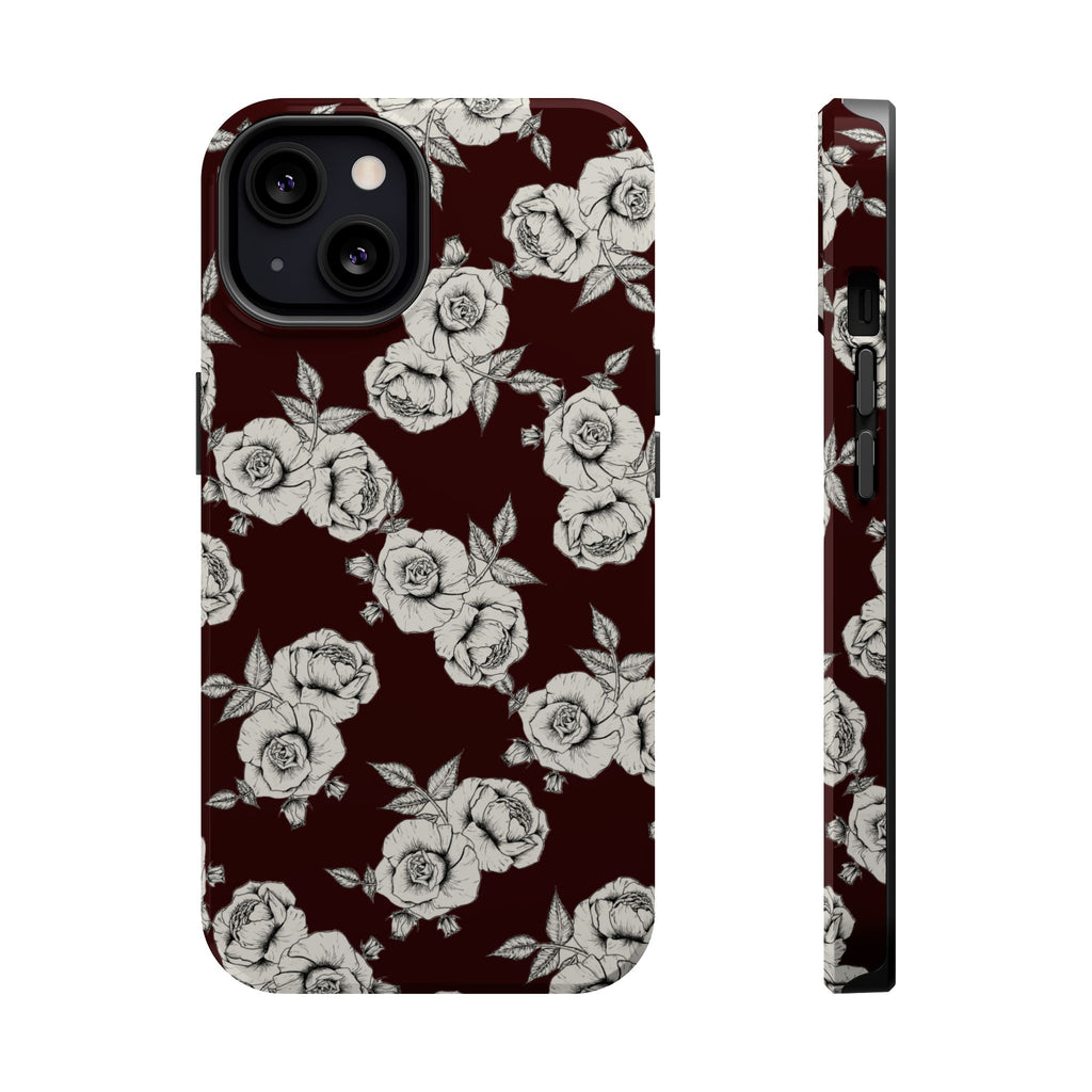Rose Pattern Magnetic Impact-Resistant Phone Case — Burgundy Floral Protective Cover
