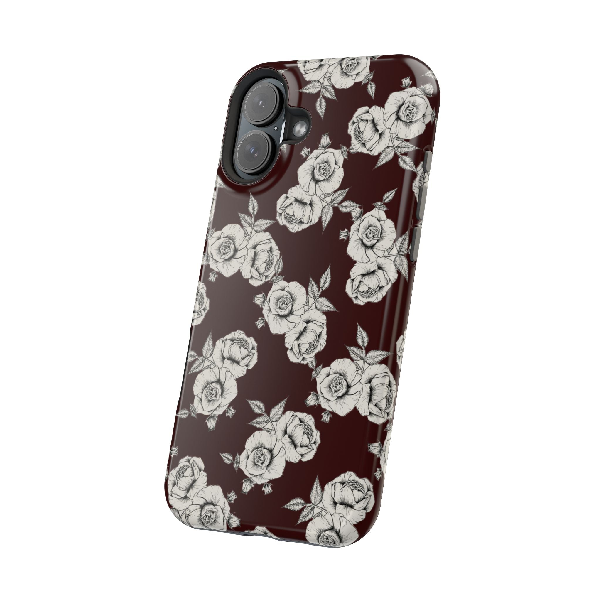 Rose Pattern Magnetic Impact-Resistant Phone Case — Burgundy Floral Protective Cover