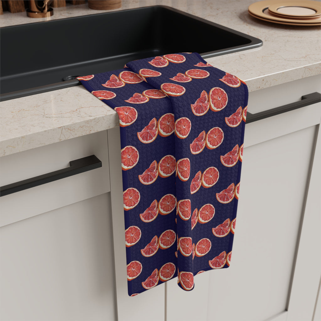 Absorbent Grapefruit Pattern Microfiber Tea Towel — Citrus Kitchen Towel (Navy Background)