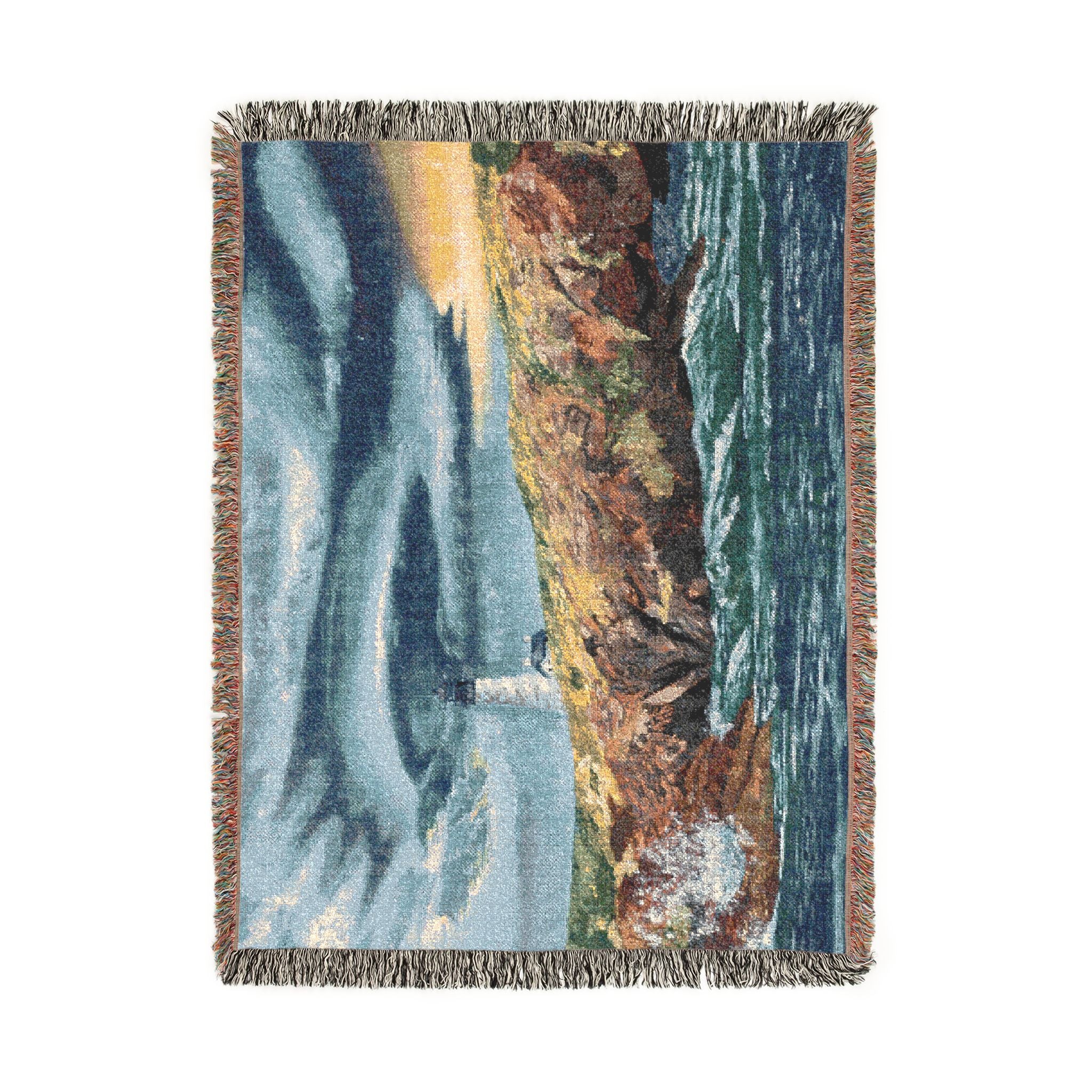 Lighthouse Coastal Woven Blanket — Nautical Throw for Living Room, Beach House & Gift