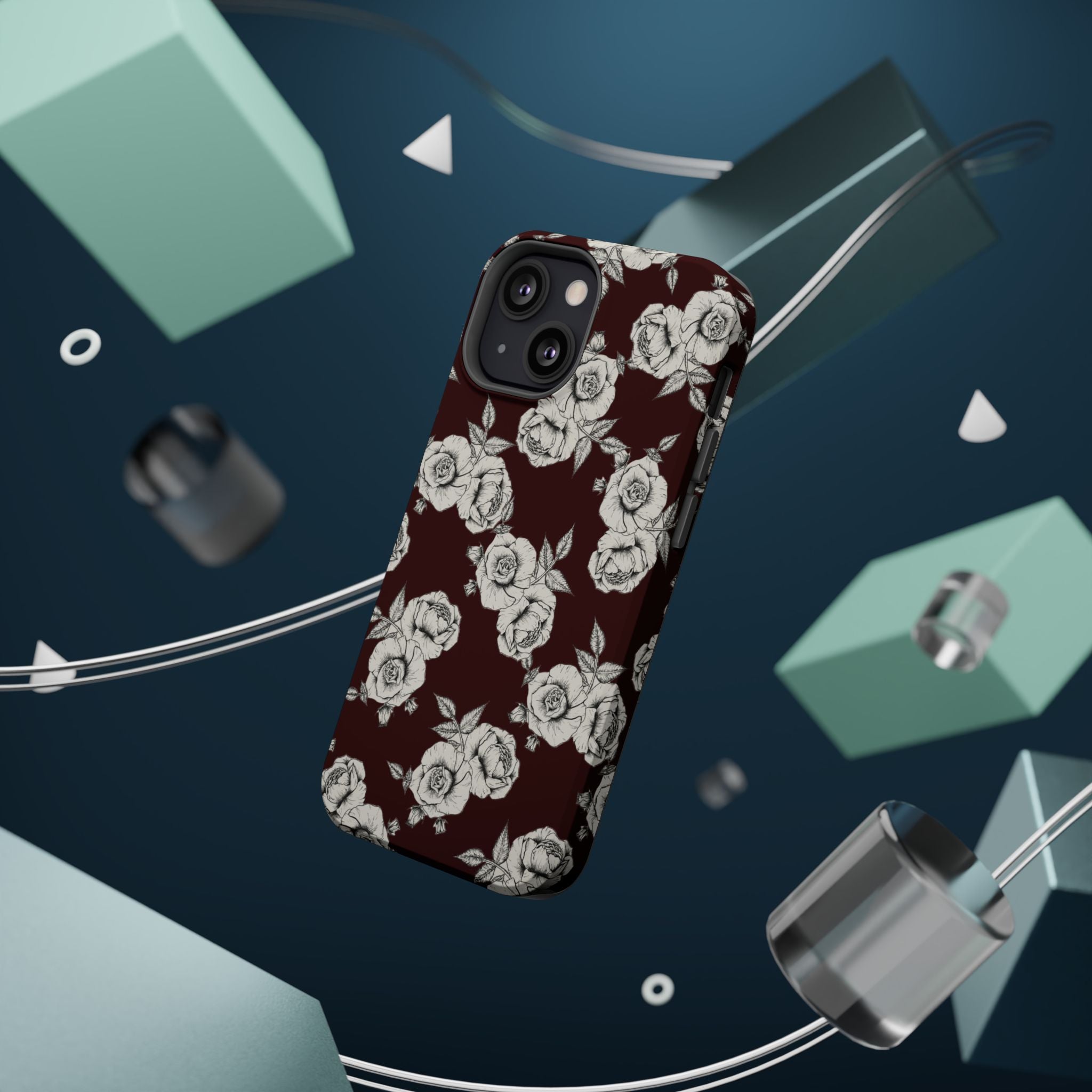 Rose Pattern Magnetic Impact-Resistant Phone Case — Burgundy Floral Protective Cover