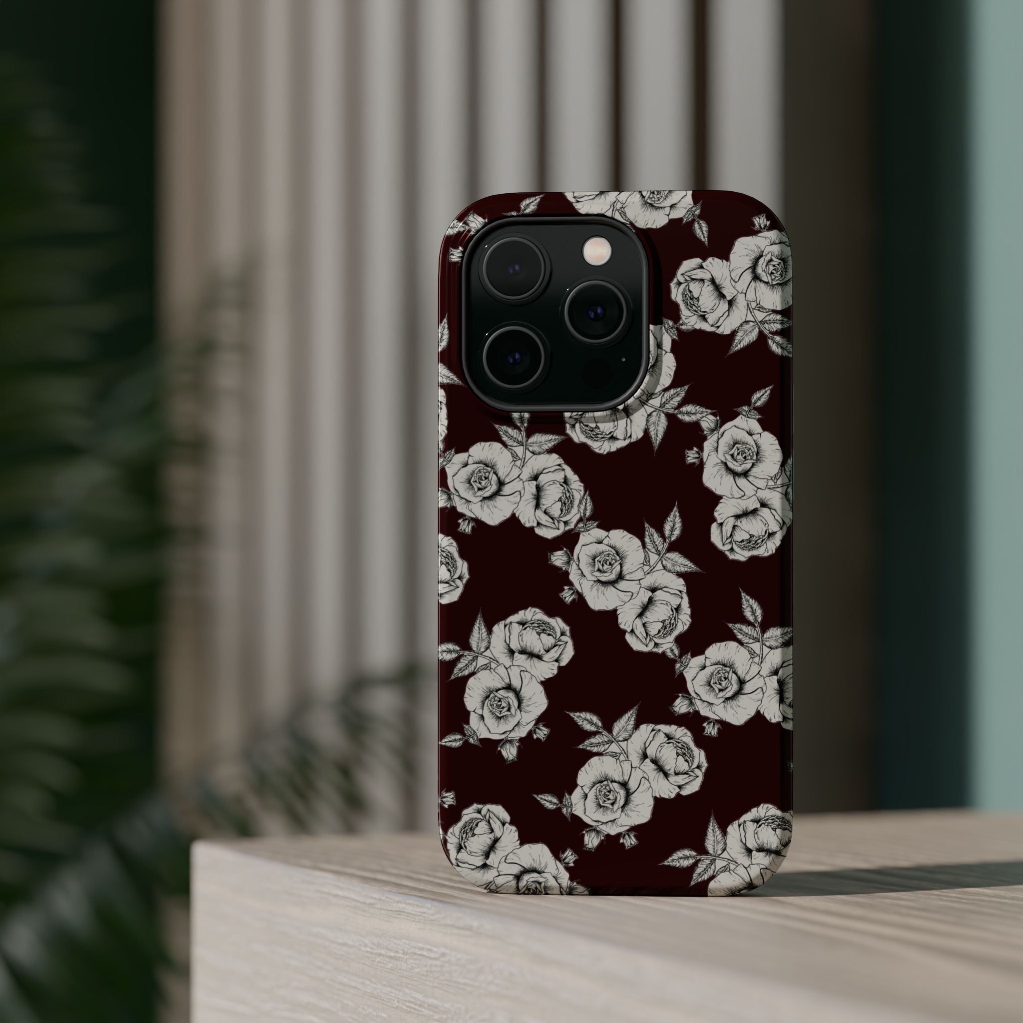 Rose Pattern Magnetic Impact-Resistant Phone Case — Burgundy Floral Protective Cover