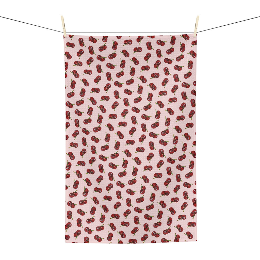 Absorbent Microfiber Cherry Pattern Tea Towel — Pink Retro Fruit Kitchen Towel