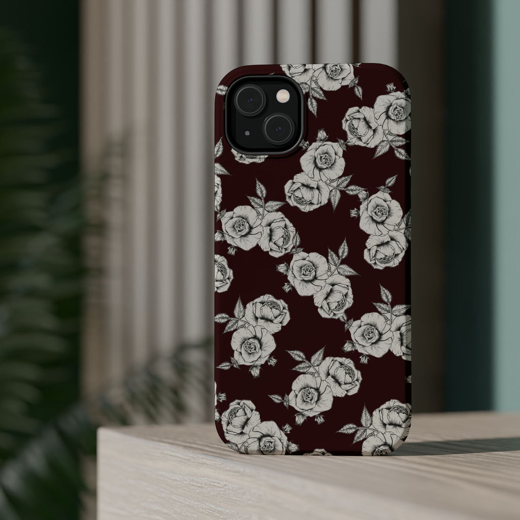 Rose Pattern Magnetic Impact-Resistant Phone Case — Burgundy Floral Protective Cover