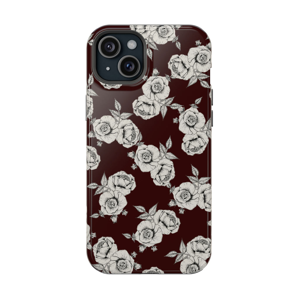 Rose Pattern Magnetic Impact-Resistant Phone Case — Burgundy Floral Protective Cover