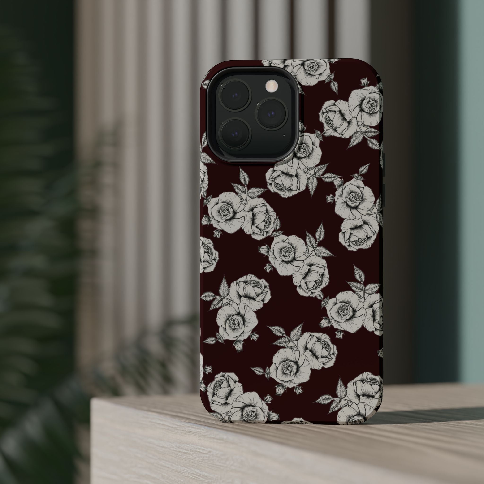 Rose Pattern Magnetic Impact-Resistant Phone Case — Burgundy Floral Protective Cover