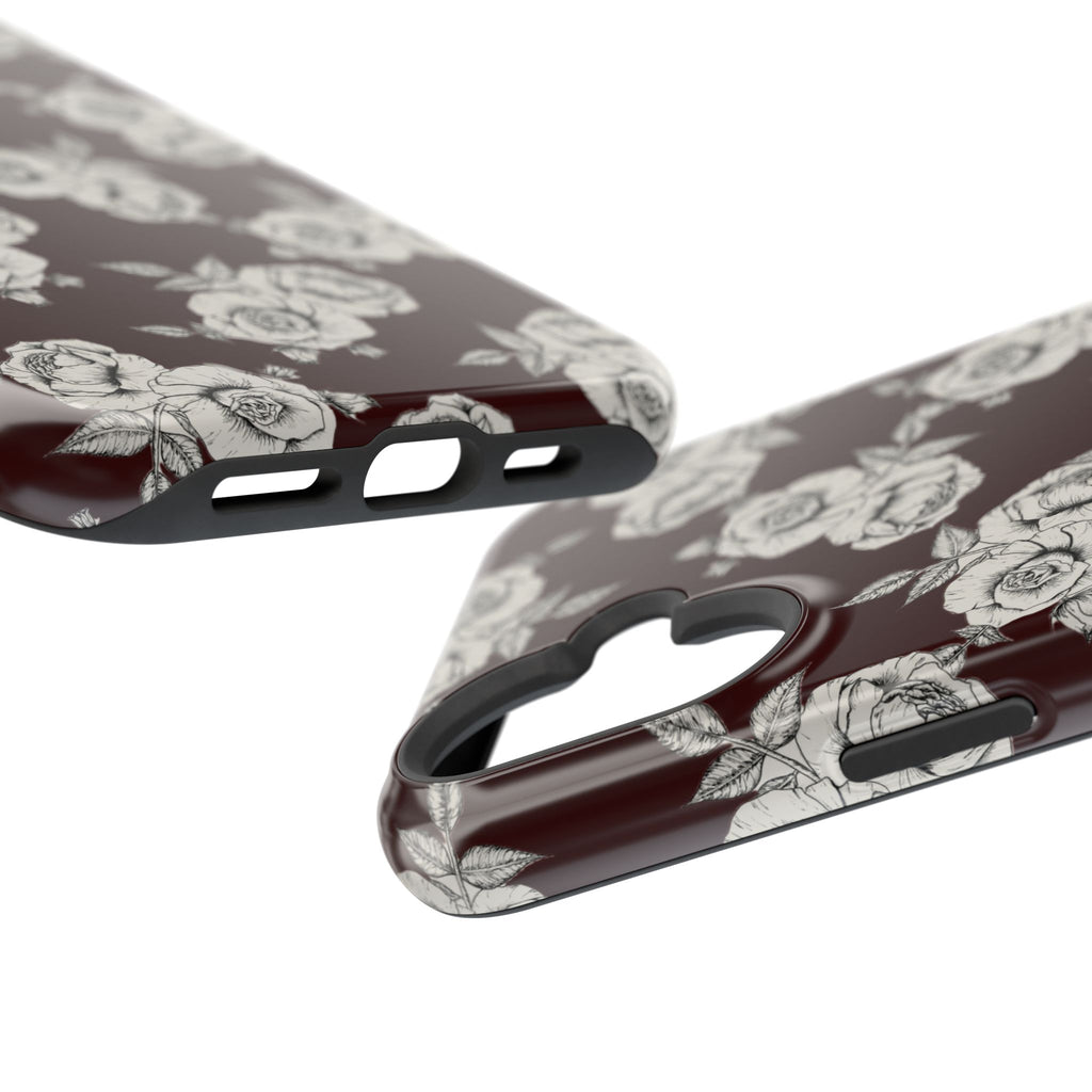 Rose Pattern Magnetic Impact-Resistant Phone Case — Burgundy Floral Protective Cover