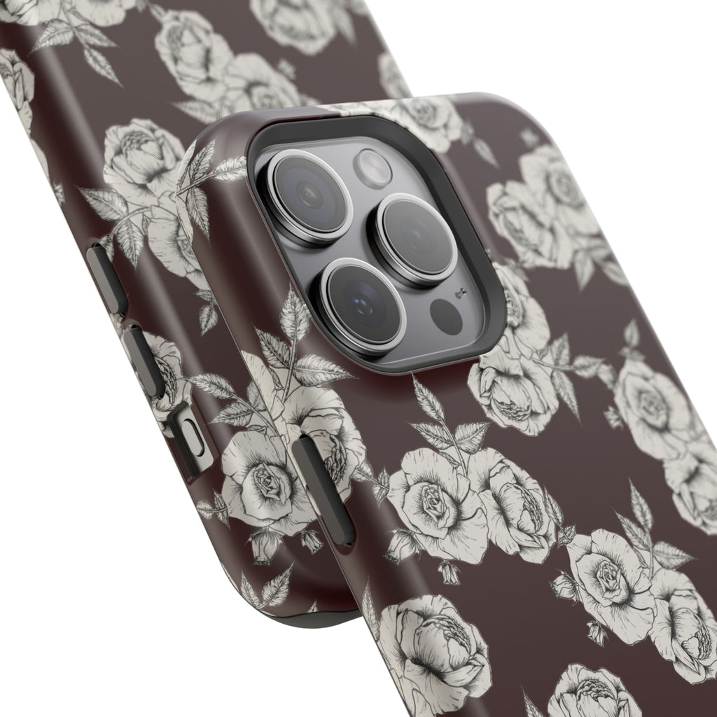 Rose Pattern Magnetic Impact-Resistant Phone Case — Burgundy Floral Protective Cover