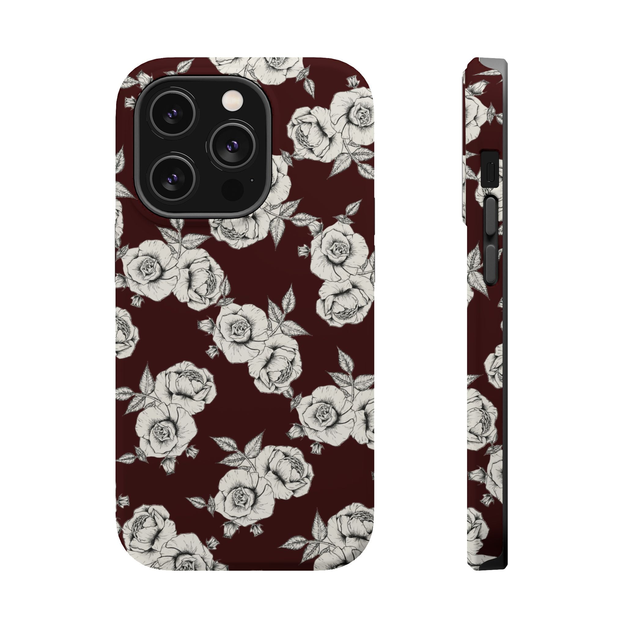 Rose Pattern Magnetic Impact-Resistant Phone Case — Burgundy Floral Protective Cover