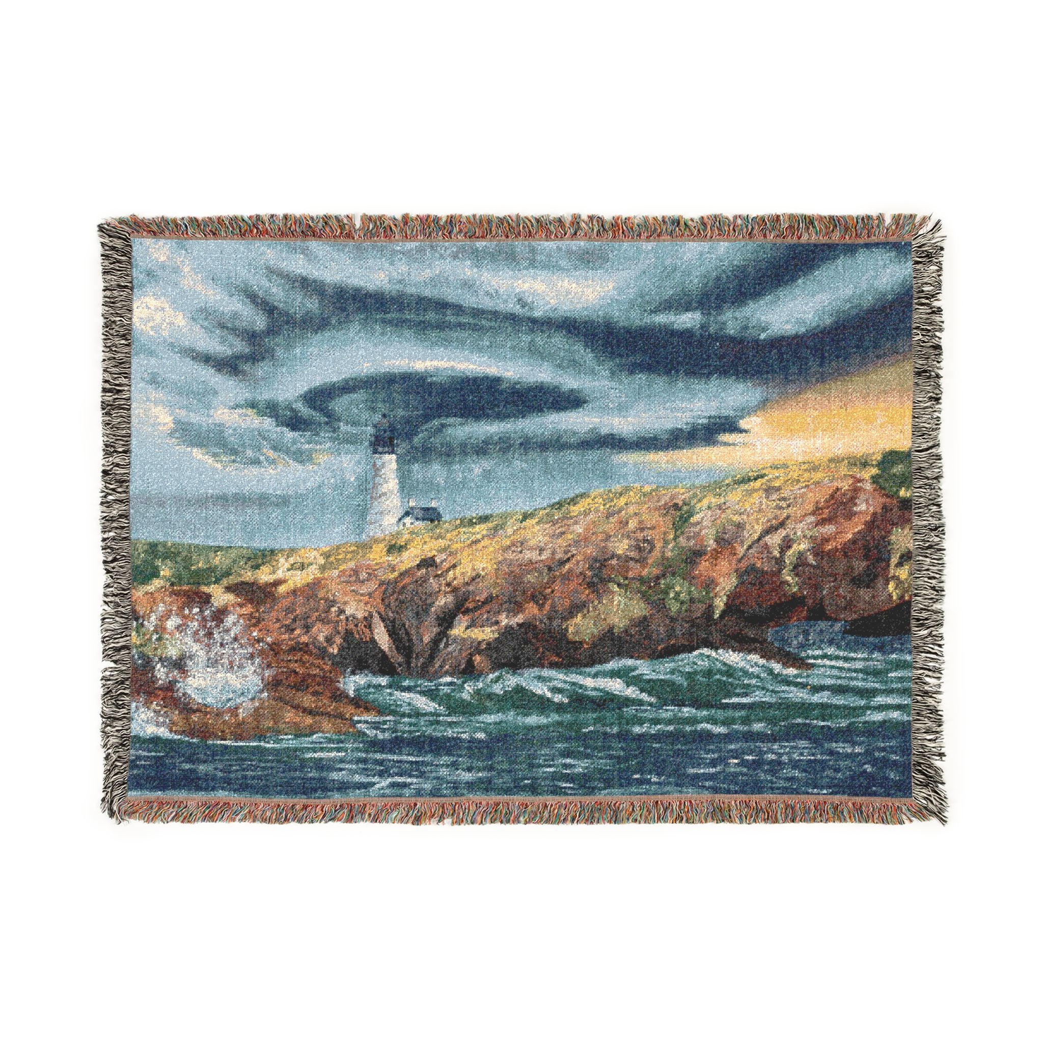 Lighthouse Coastal Woven Blanket — Nautical Throw for Living Room, Beach House & Gift