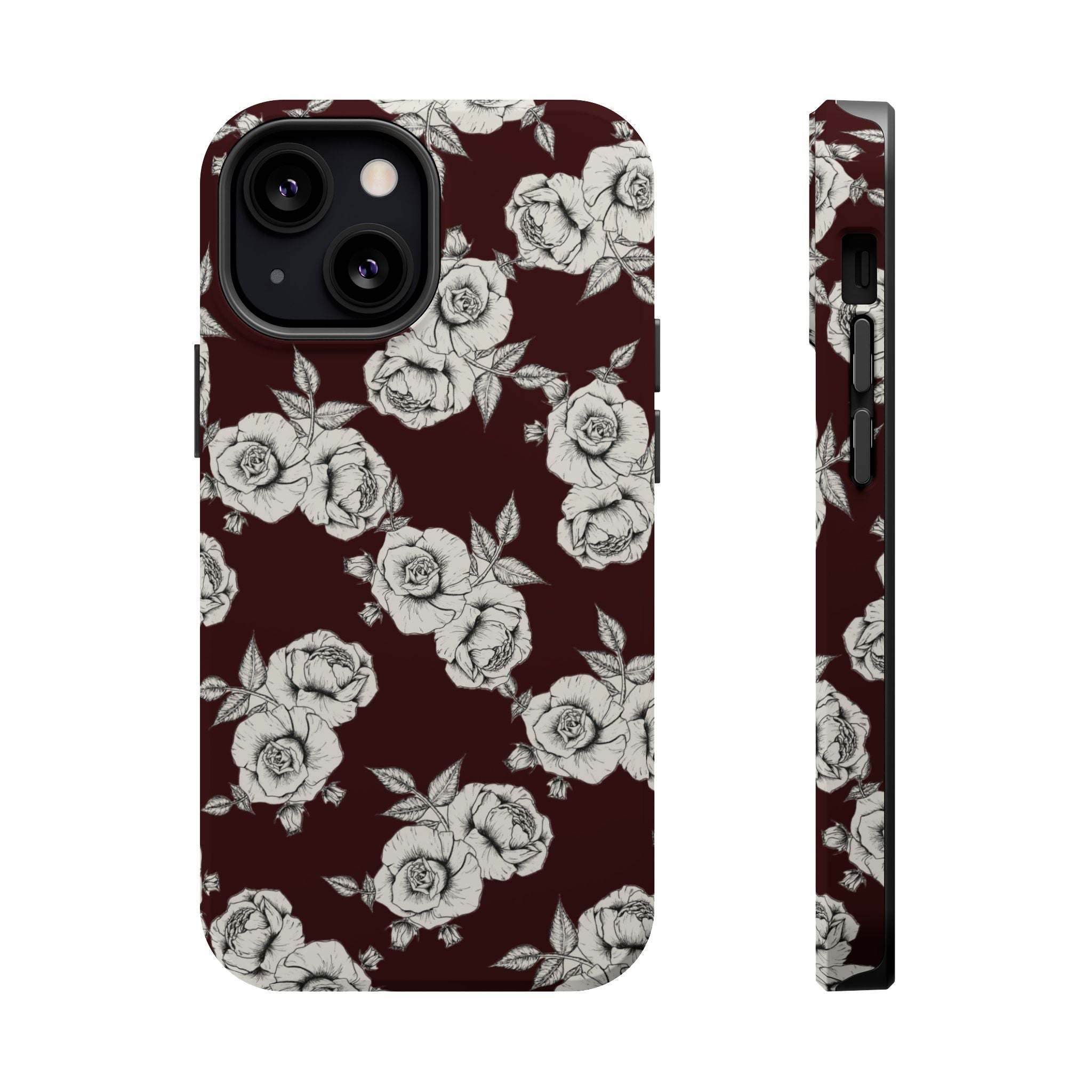 Rose Pattern Magnetic Impact-Resistant Phone Case — Burgundy Floral Protective Cover