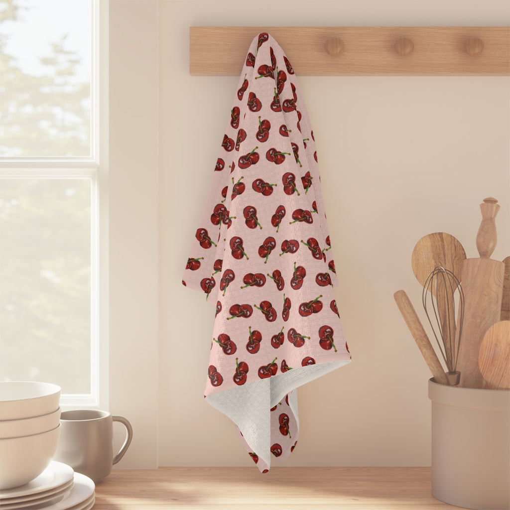Absorbent Microfiber Cherry Pattern Tea Towel — Pink Retro Fruit Kitchen Towel