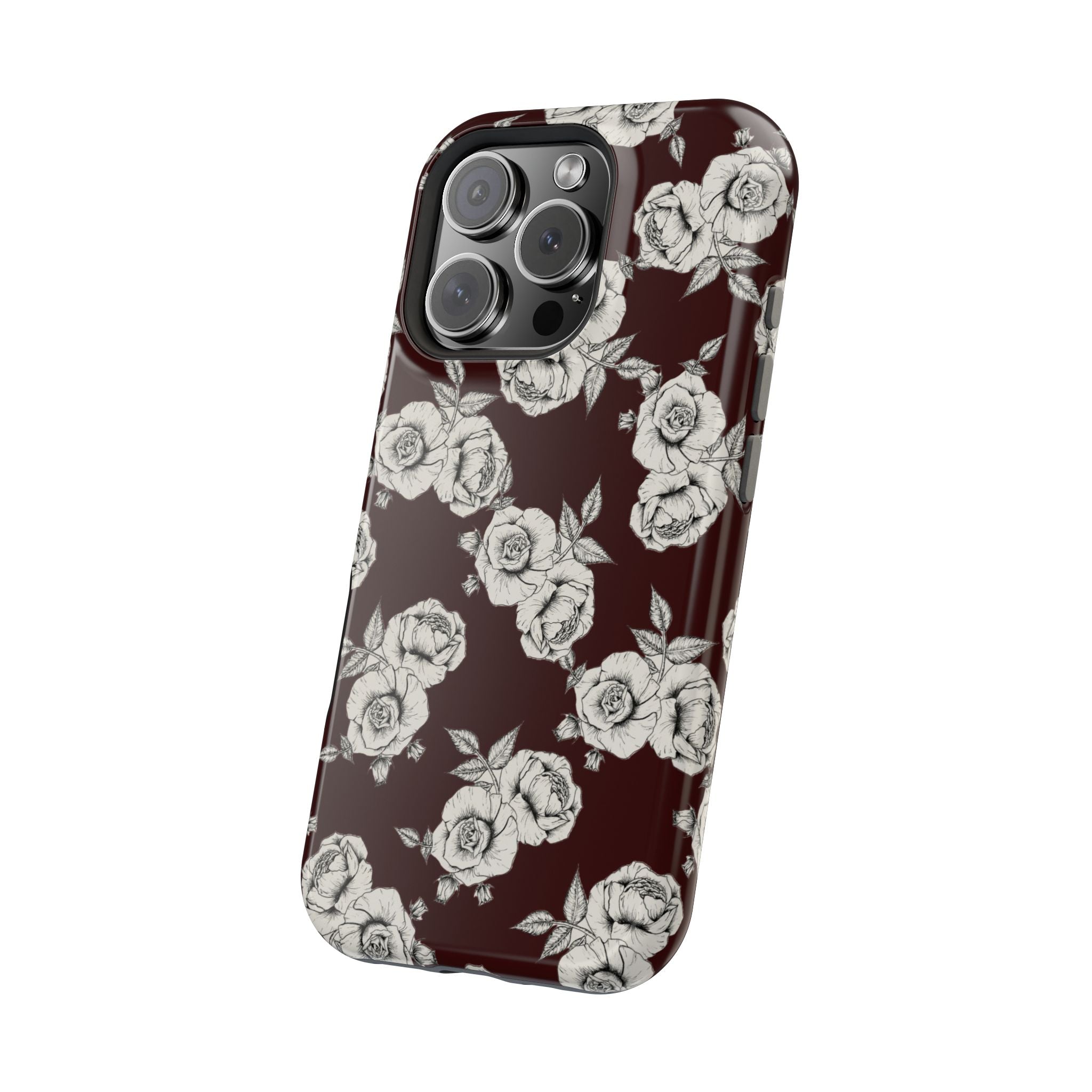 Rose Pattern Magnetic Impact-Resistant Phone Case — Burgundy Floral Protective Cover