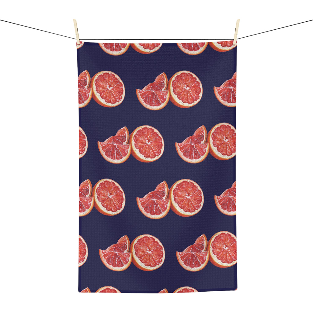Microfiber Hand Drawn Grapefruit Pattern Tea Towel — Citrus Kitchen Towel (Navy Background)