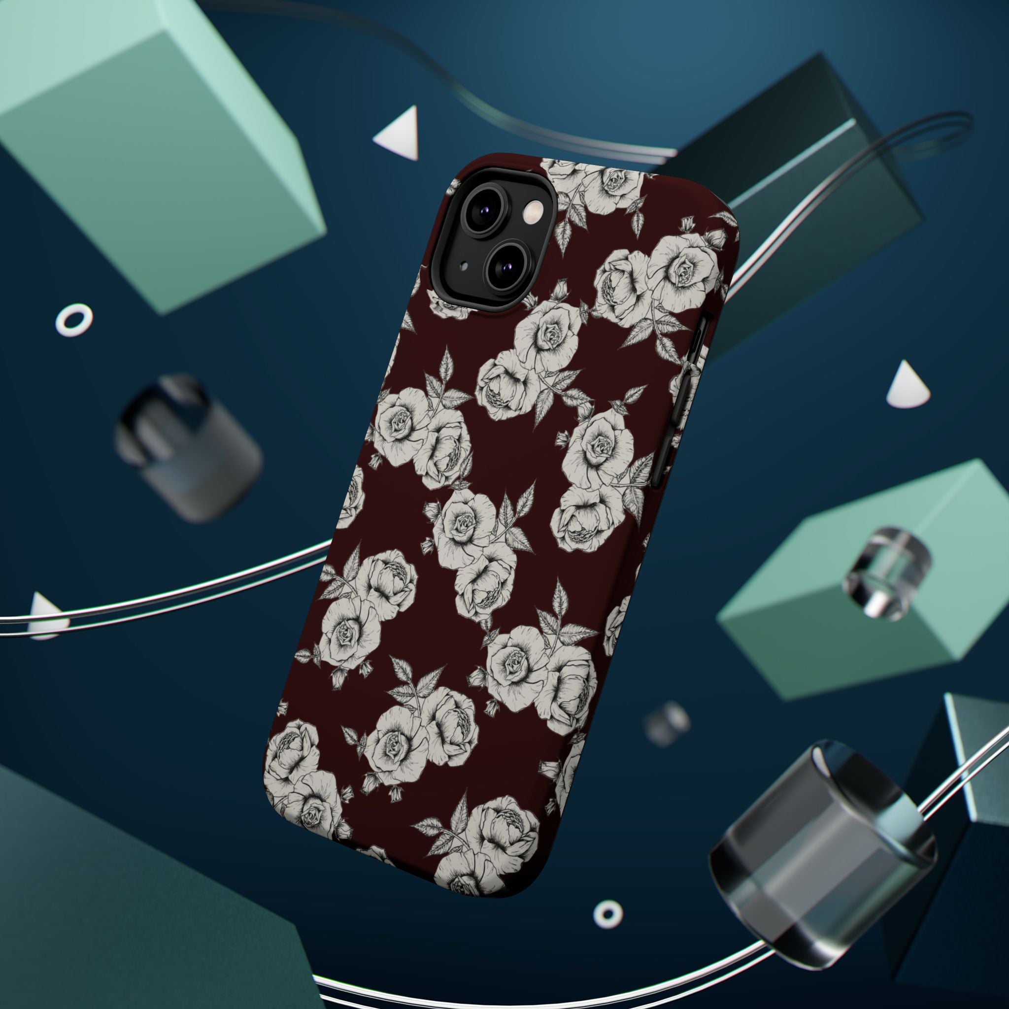 Rose Pattern Magnetic Impact-Resistant Phone Case — Burgundy Floral Protective Cover