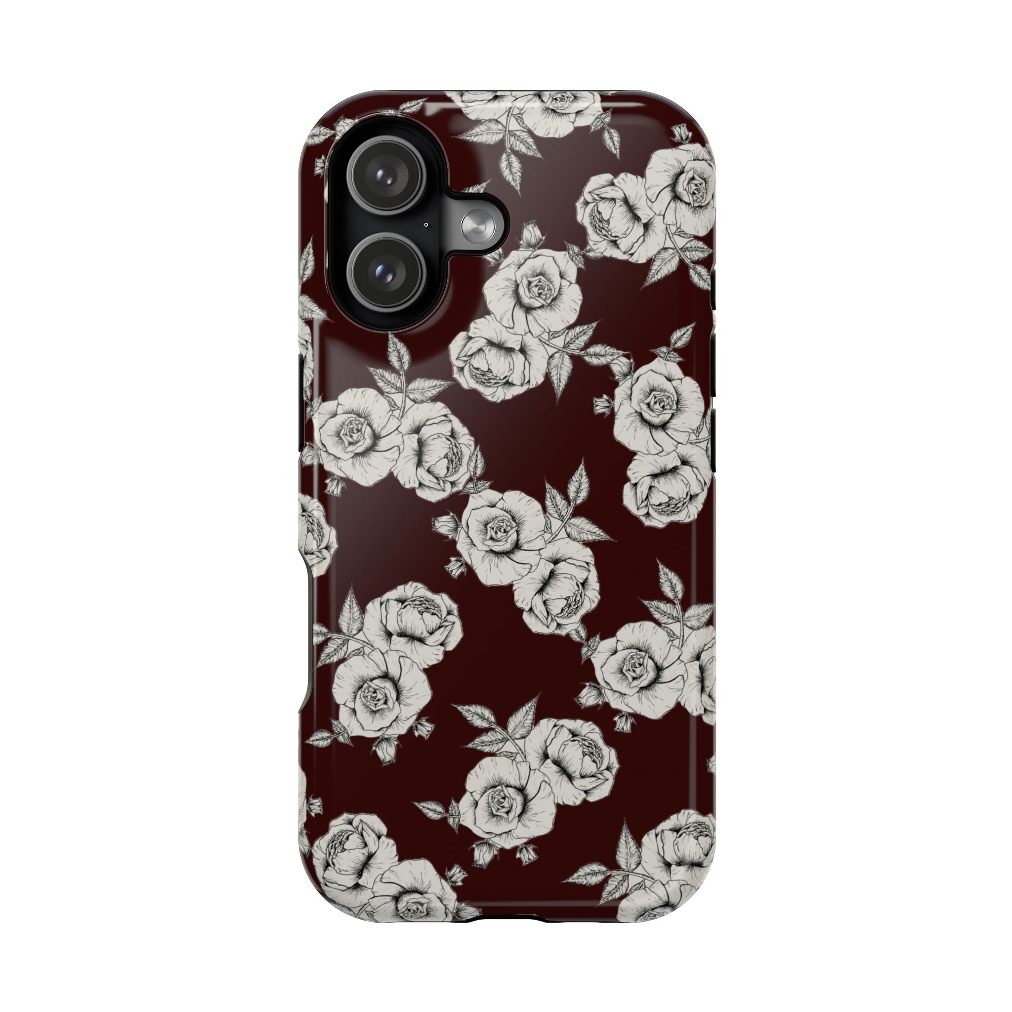 Rose Pattern Magnetic Impact-Resistant Phone Case — Burgundy Floral Protective Cover