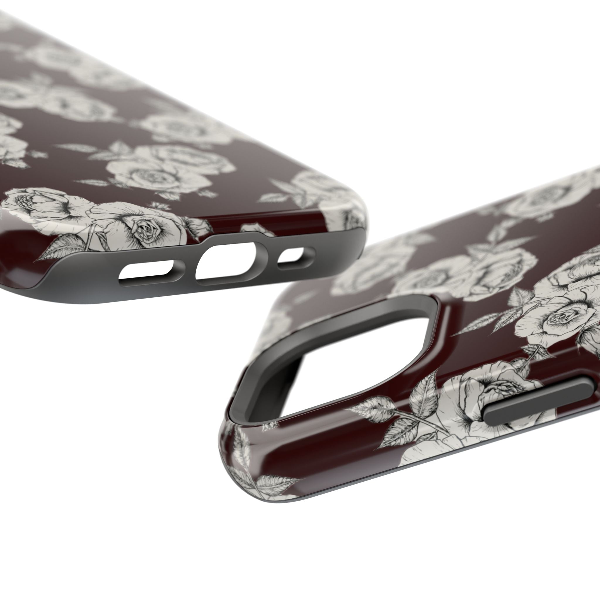 Rose Pattern Magnetic Impact-Resistant Phone Case — Burgundy Floral Protective Cover