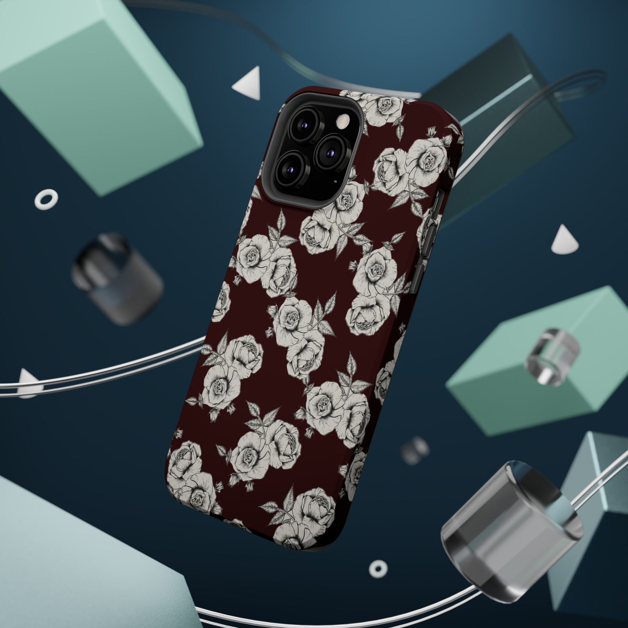 Rose Pattern Magnetic Impact-Resistant Phone Case — Burgundy Floral Protective Cover